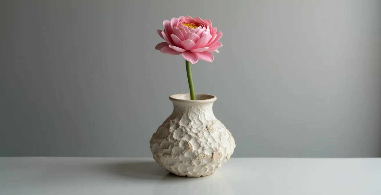 Une renoncule rose dans un vase en céramique artisanale aux formes organiques sur fond neutre