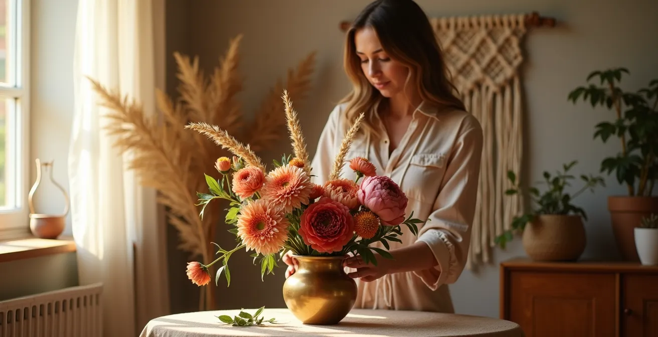 Trois compositions florales différentes illustrant les styles Scandi, Industriel et Bohème dans leurs environnements respectifs
