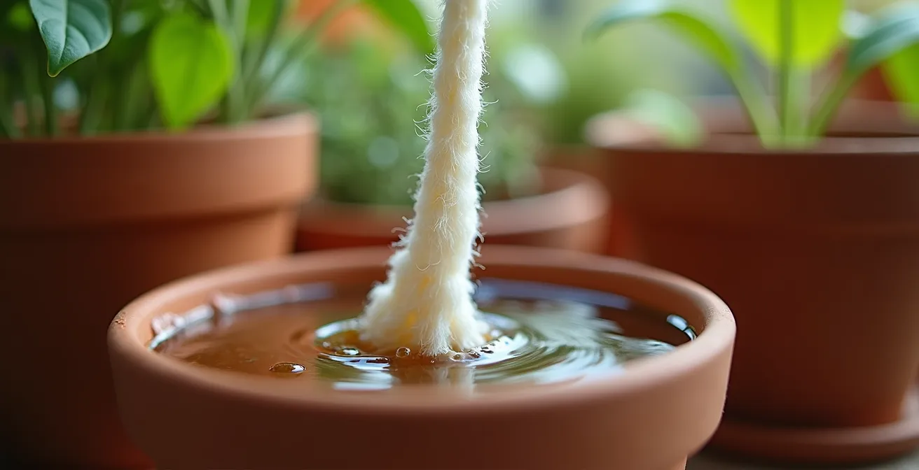 Système d'arrosage autonome avec réservoir d'eau et mèches pour plantes en pot