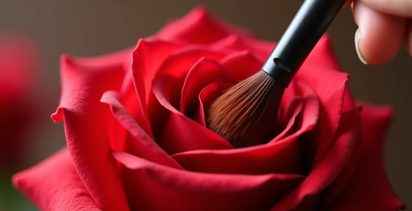 Gros plan macro sur une main utilisant délicatement un pinceau doux sur les pétales d'une rose stabilisée rouge