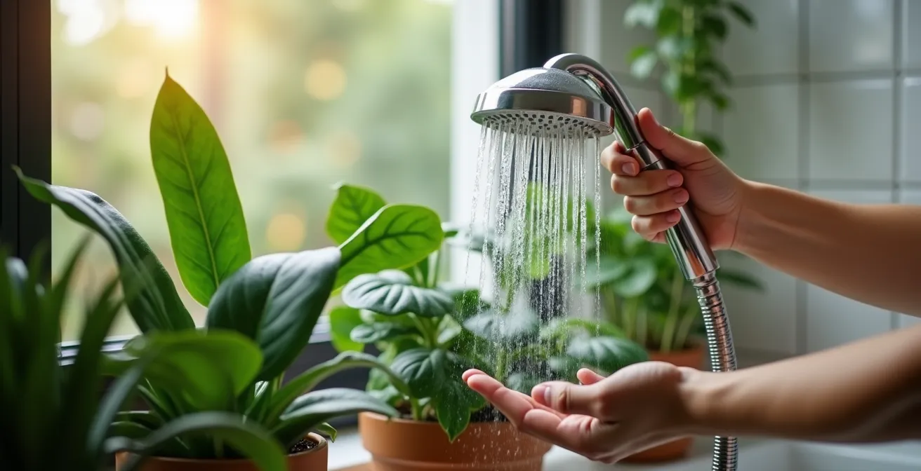 Plantes tropicales regroupées dans une douche moderne recevant une pluie fine