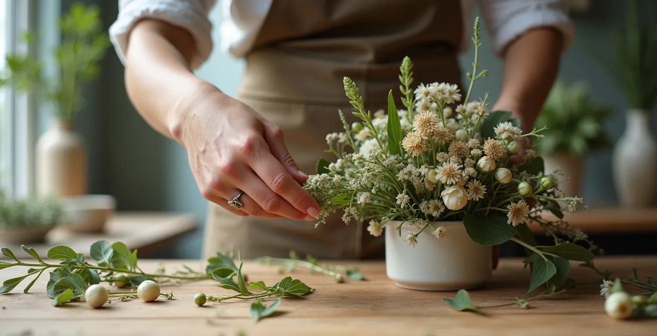 Mains de fleuriste retirant délicatement des tiges superflues d'un bouquet, créant progressivement une composition plus aérée et élégante