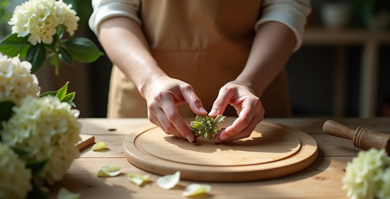 Main de fleuriste effectuant une fente en croix précise sur une tige d'hortensia après la coupe en biseau