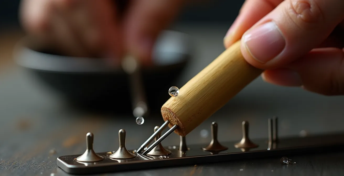 Gros plan sur une main positionnant délicatement une tige sur un kenzan