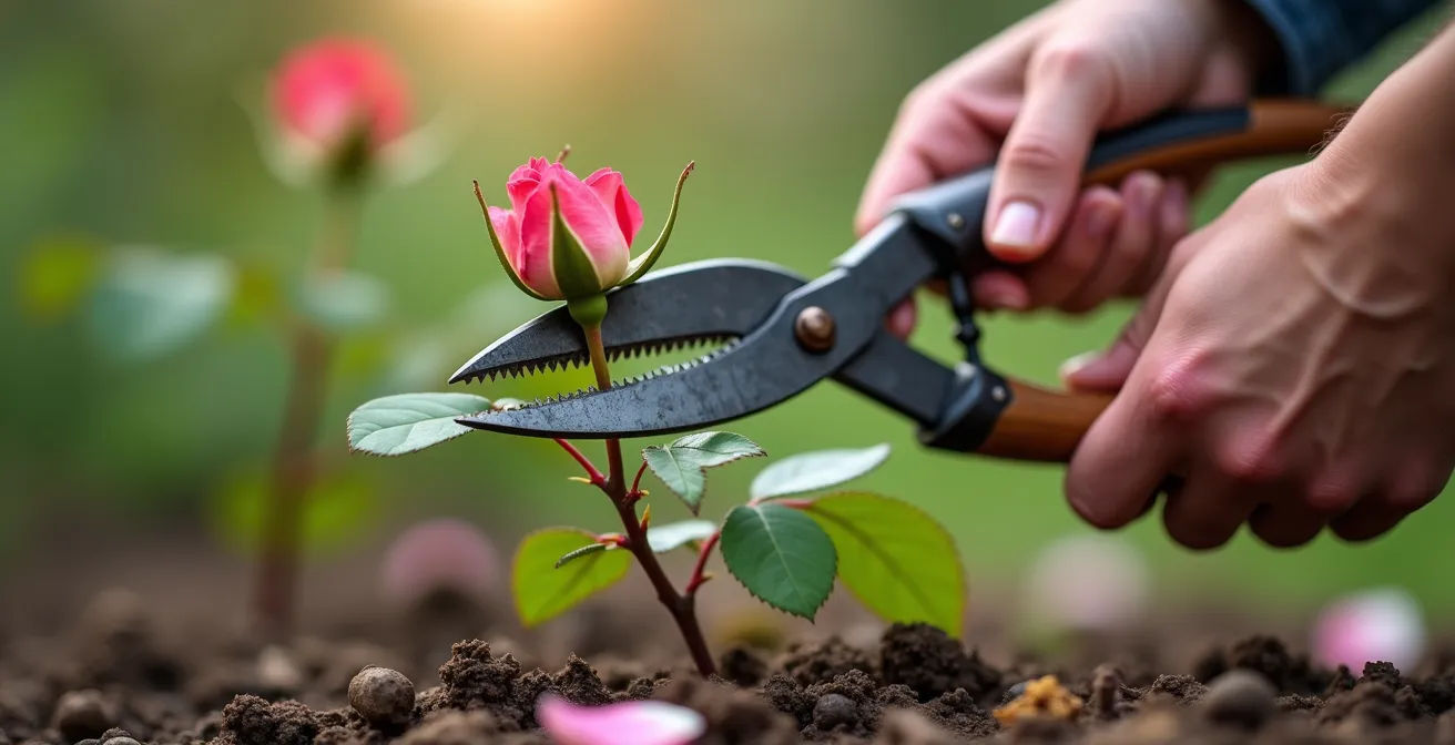 Geste de taille précis sur un rosier montrant l'angle de coupe et les bourgeons
