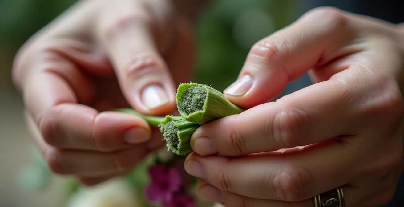 Gros plan macro sur les mains tenant un bouquet en vrille montrant l'angle précis de 45 degrés des tiges