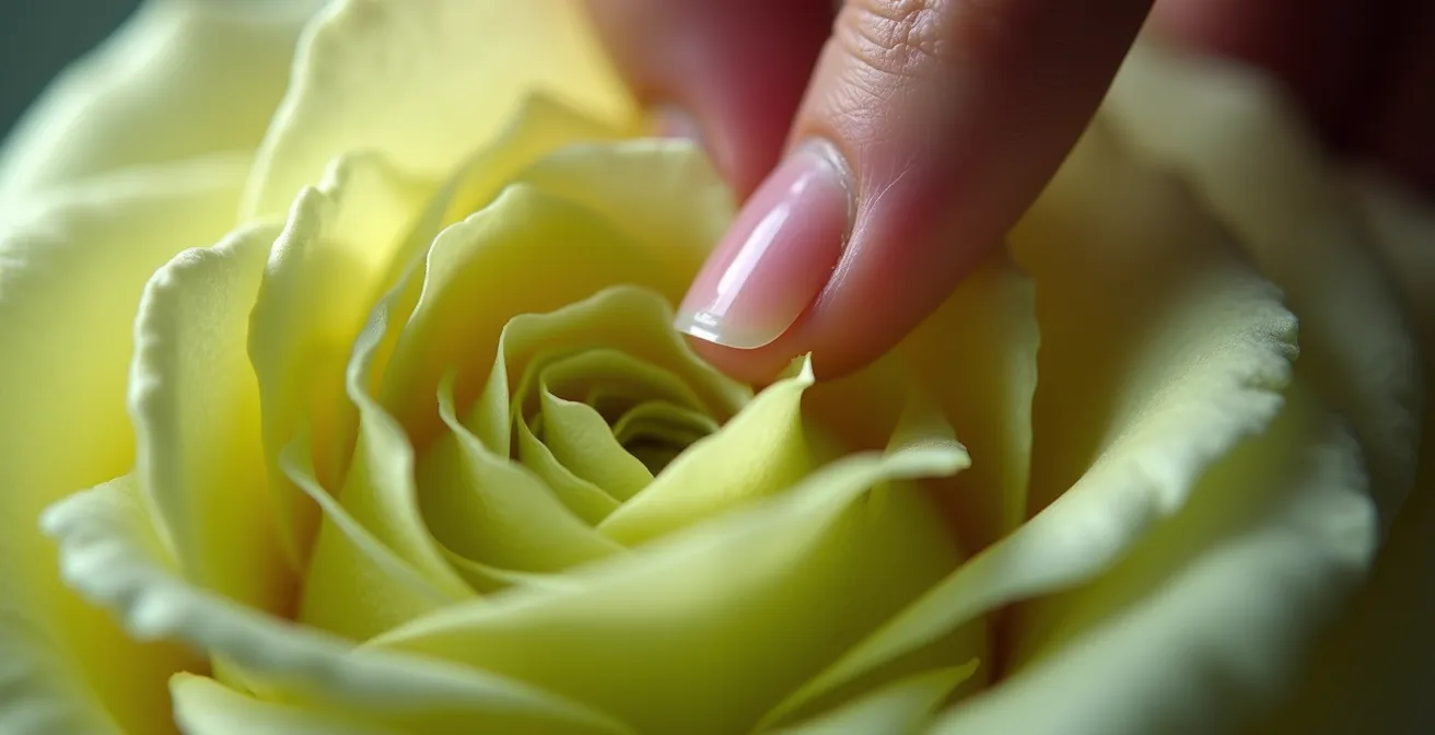 Gros plan d'une main testant délicatement la fermeté du calice d'une rose pour évaluer sa fraîcheur.