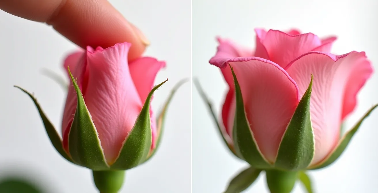 Vue macro du test de pression sur le calice d'une rose avec comparaison visuelle
