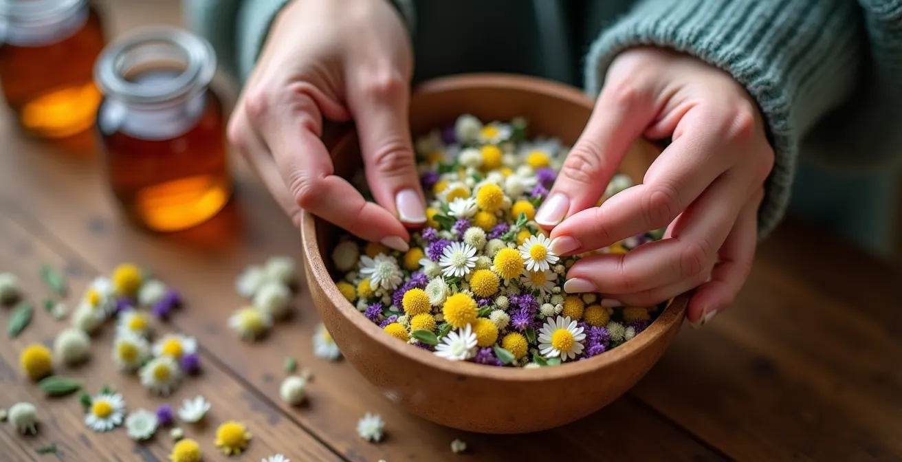 Mains préparant un mélange personnalisé de fleurs séchées pour infusion du soir