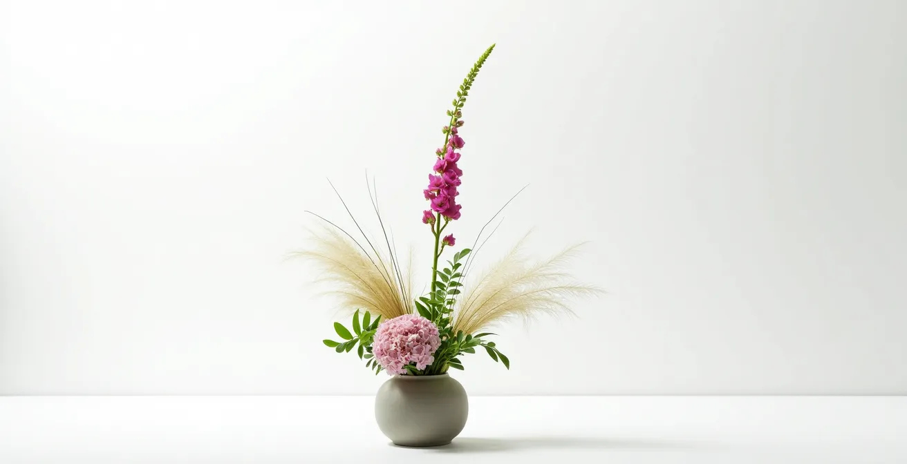 Composition florale moderne illustrant les trois niveaux Shin-Soe-Hikae avec digitale, graminées et hortensias