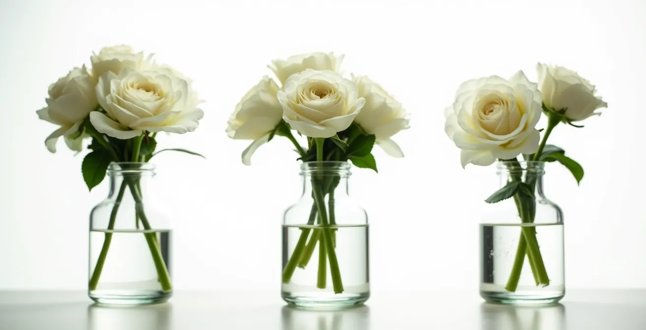 Trois vases identiques montrant différents états de conservation des fleurs