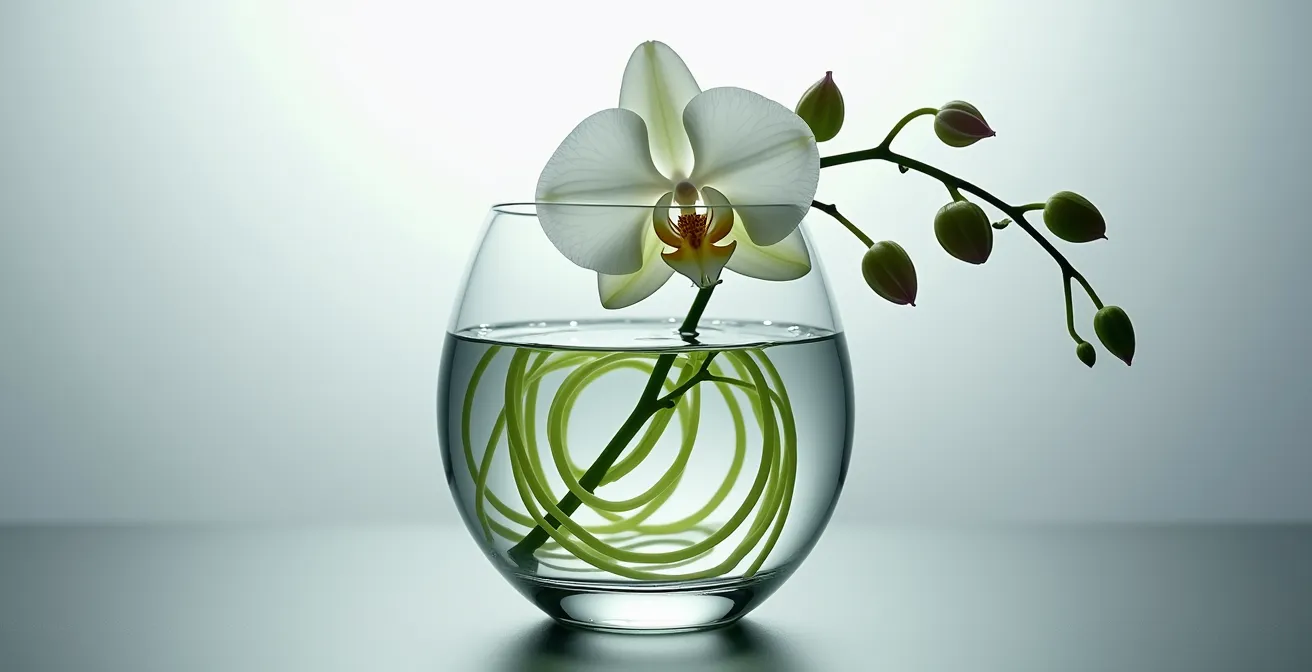 Vase en verre transparent montrant l'architecture des tiges sous l'eau disposées en spirale créant un motif graphique visible