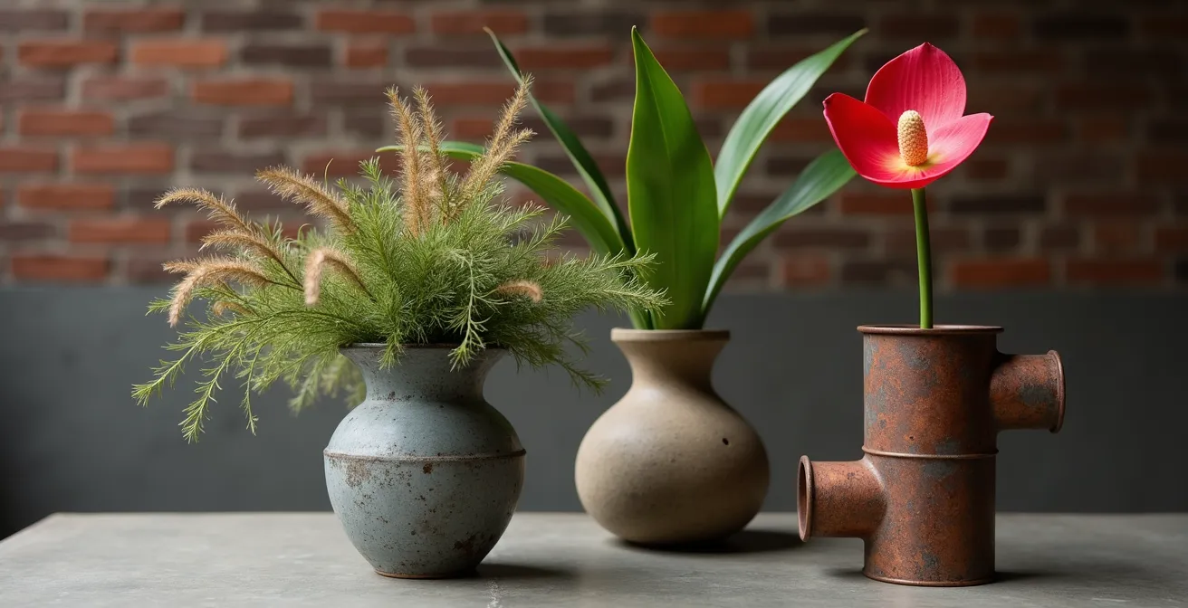 Composition de vases en zinc et céramique brute avec différents arrangements floraux dans un décor industriel